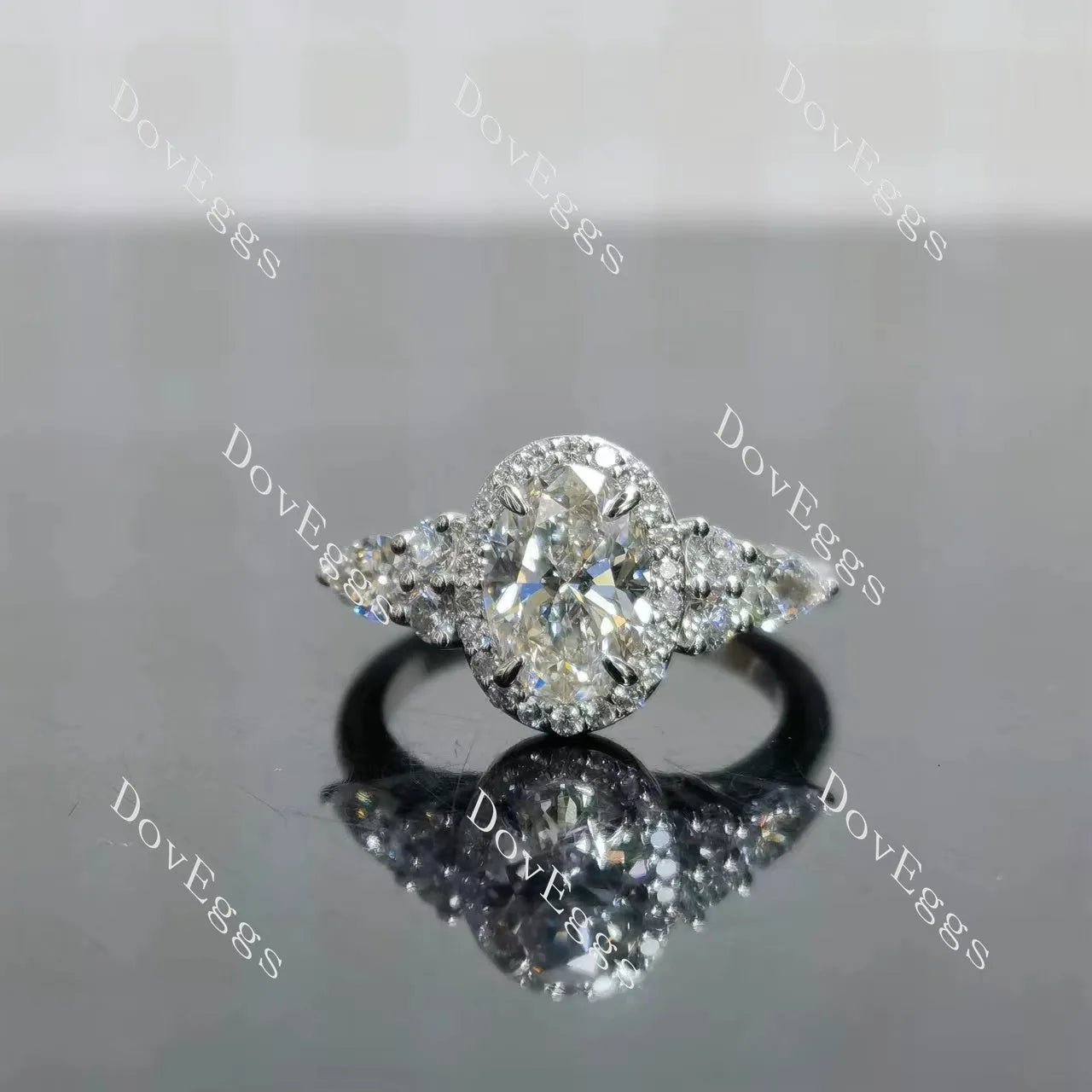 Doveggs Oval Halo Side Stones Lab Grown Diamond Engagement Ring