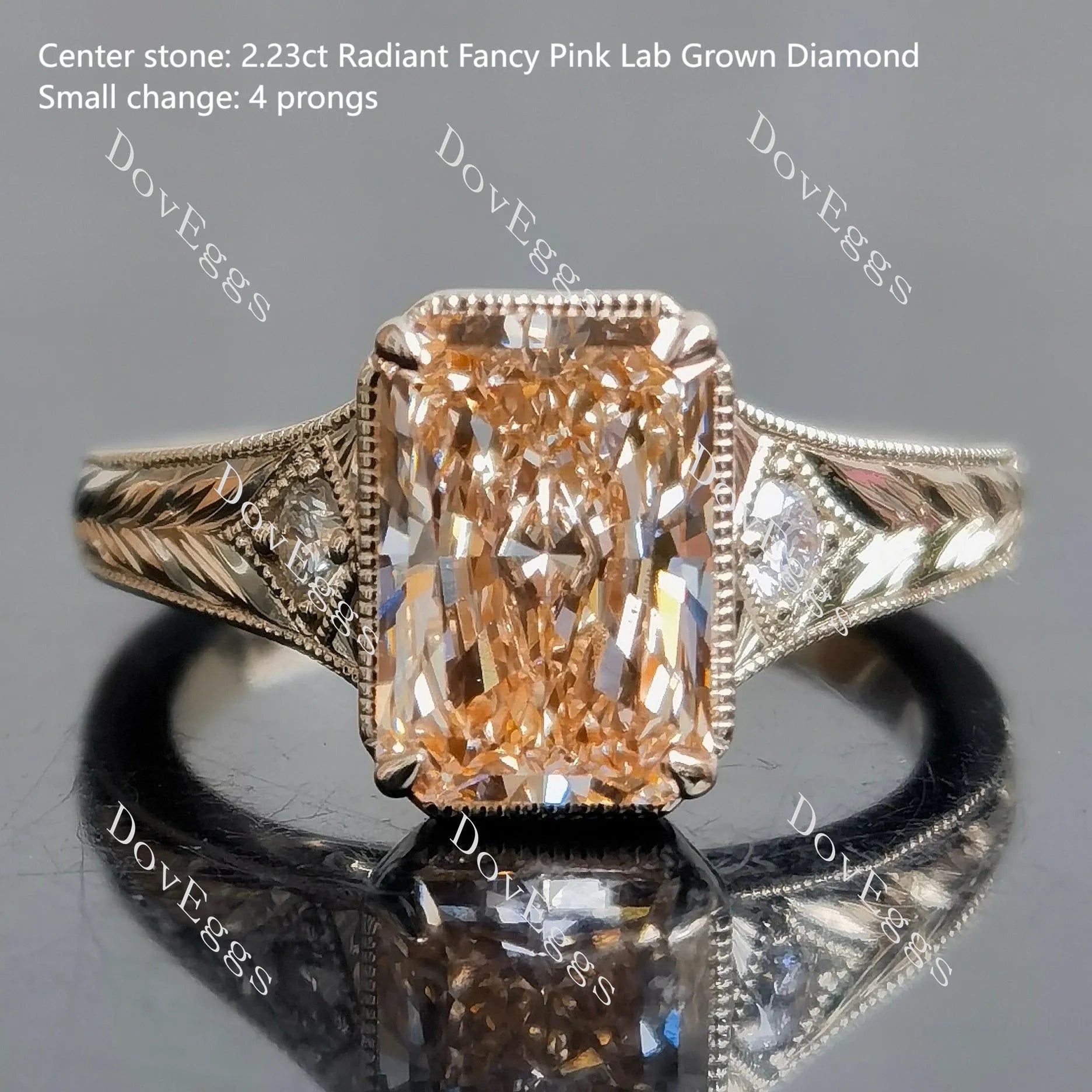 Cushion carved vintage side stones stardust grey moissanite engagement ring| DovEggs