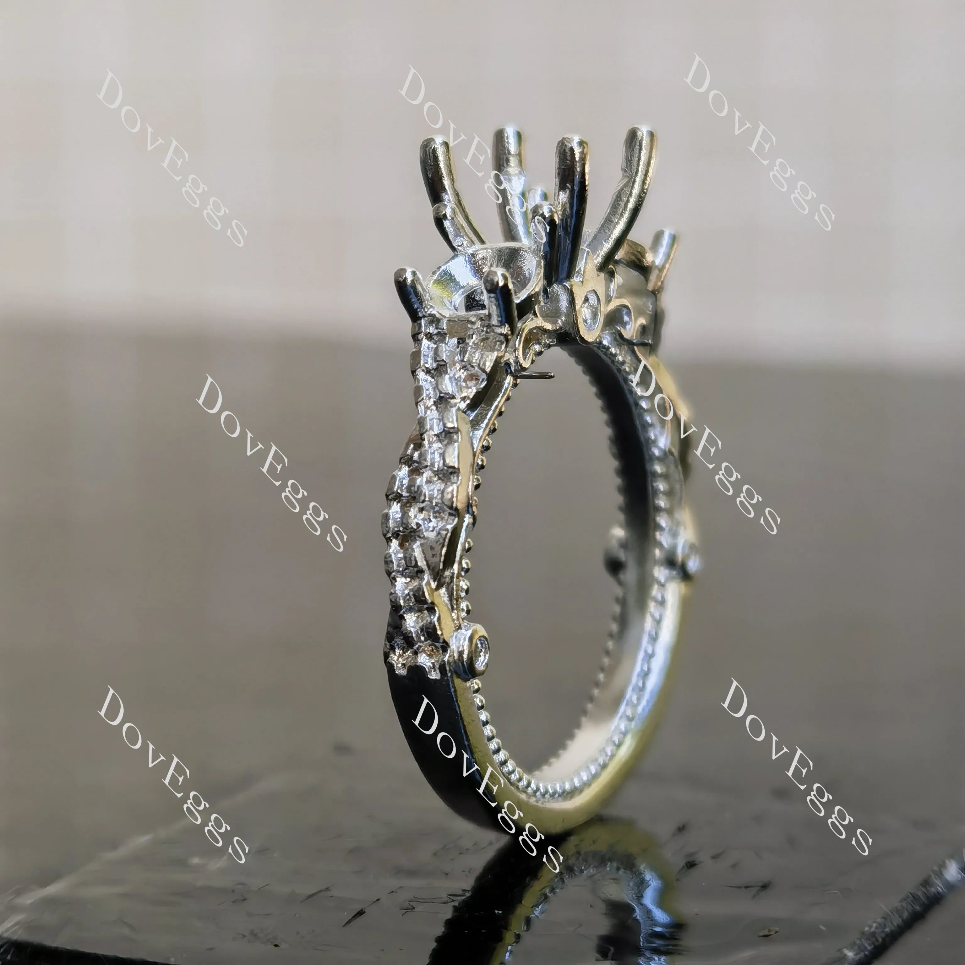 DovEggs three stones art deco engagement ring only semi-mount only(Exclusively to DovEggs Stones)
